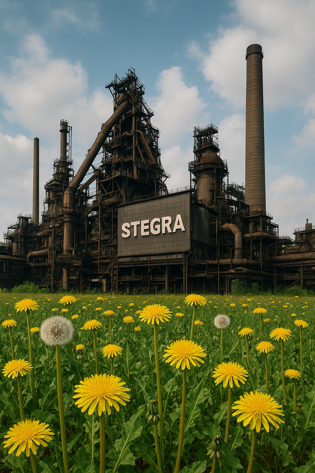 Bild på ett stålverk i ett hav av maskrosor. En symbol för ”grön kapitalism”?