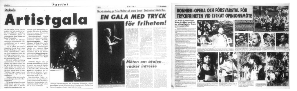 Artiklar ur Internationalen om åtalet mot Internationalen 1989 för att ha skrivit om spår till poliser i Palmemordet