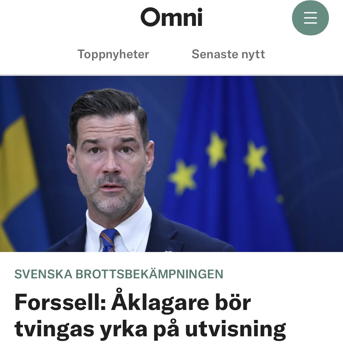 Utklipp från tidningsartikel där migrationsminister Johan Forssell säger att ”Åklagare bör tvingas yrka på utvisning”.