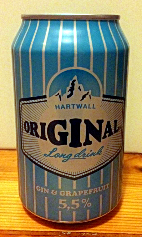 Bild på den blåvita burken med Gin & Grape long drink, som vi känner igen från Finlandsfärjornas taxfree.