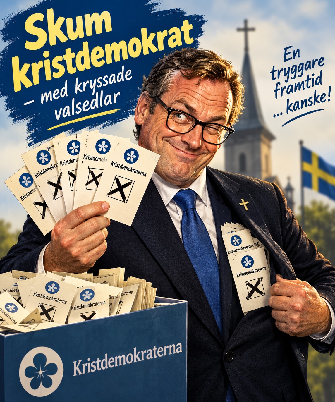 Tecknad bild på KD-politiker med förkryssade valsedlar